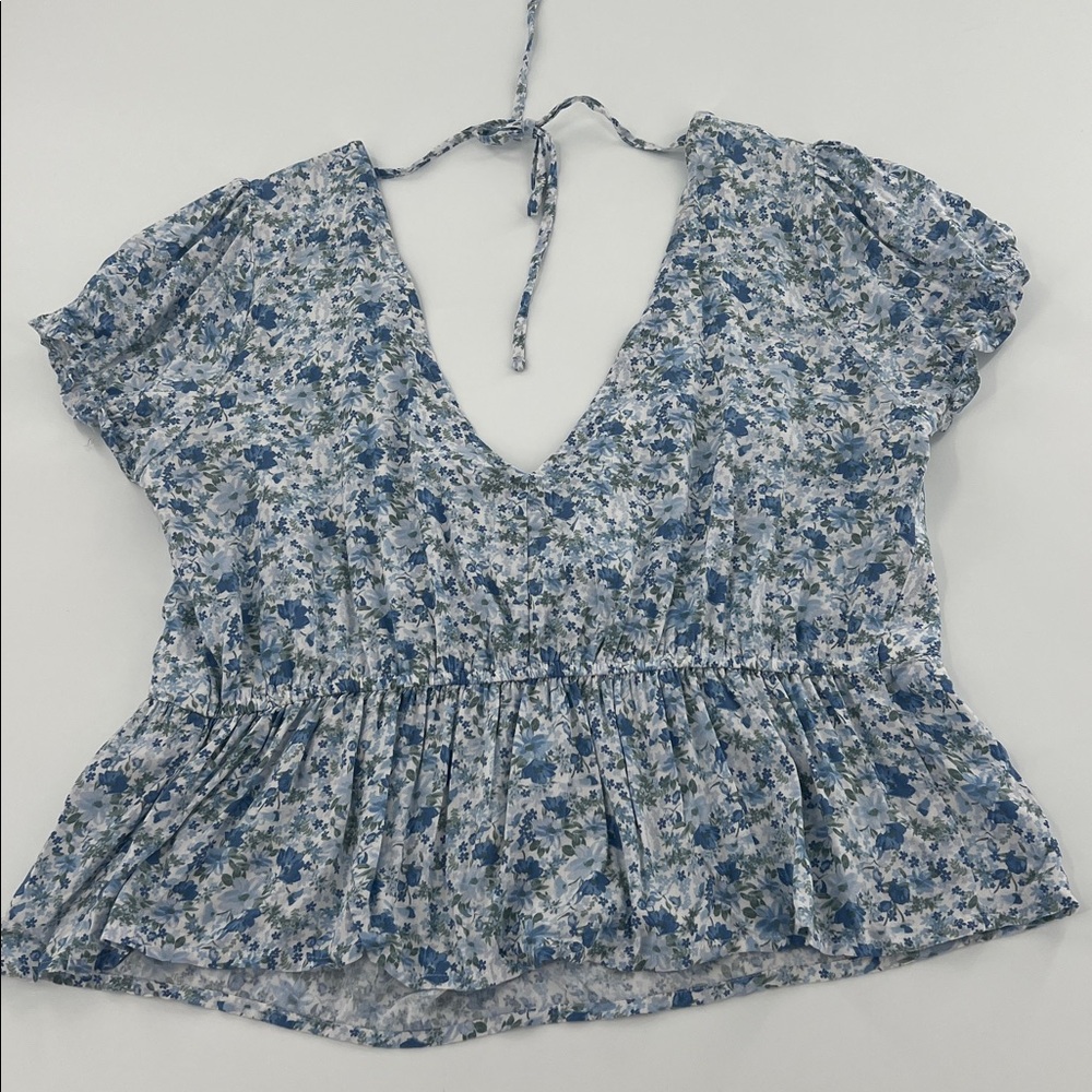 Hollister puff sleeve frill top blue floral milkmaid cottagecore L - Picture 7 of 8